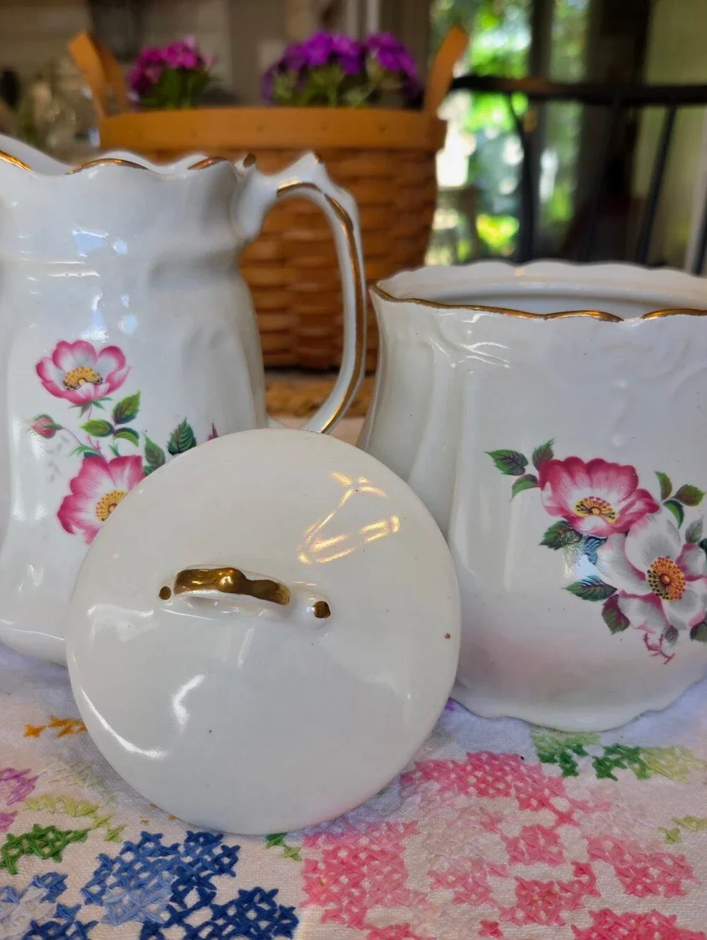 3 Pc. House of Webster Briar Rose Biscuit And Cream Set Farmhouse Granny Chic